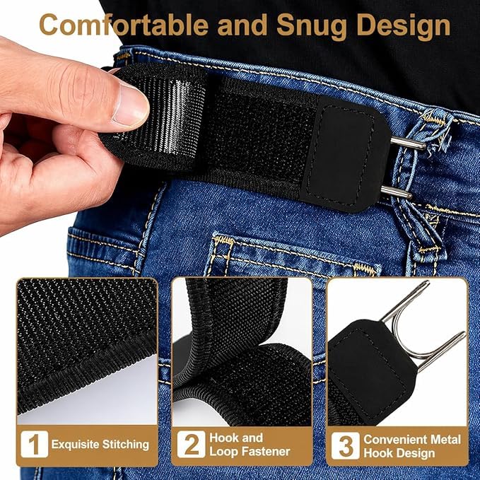 Buckleless Elastic Belt | Invisible No-Buckle Stretch Belt with Metal Hooks for Men &amp; Women (2Pcs)