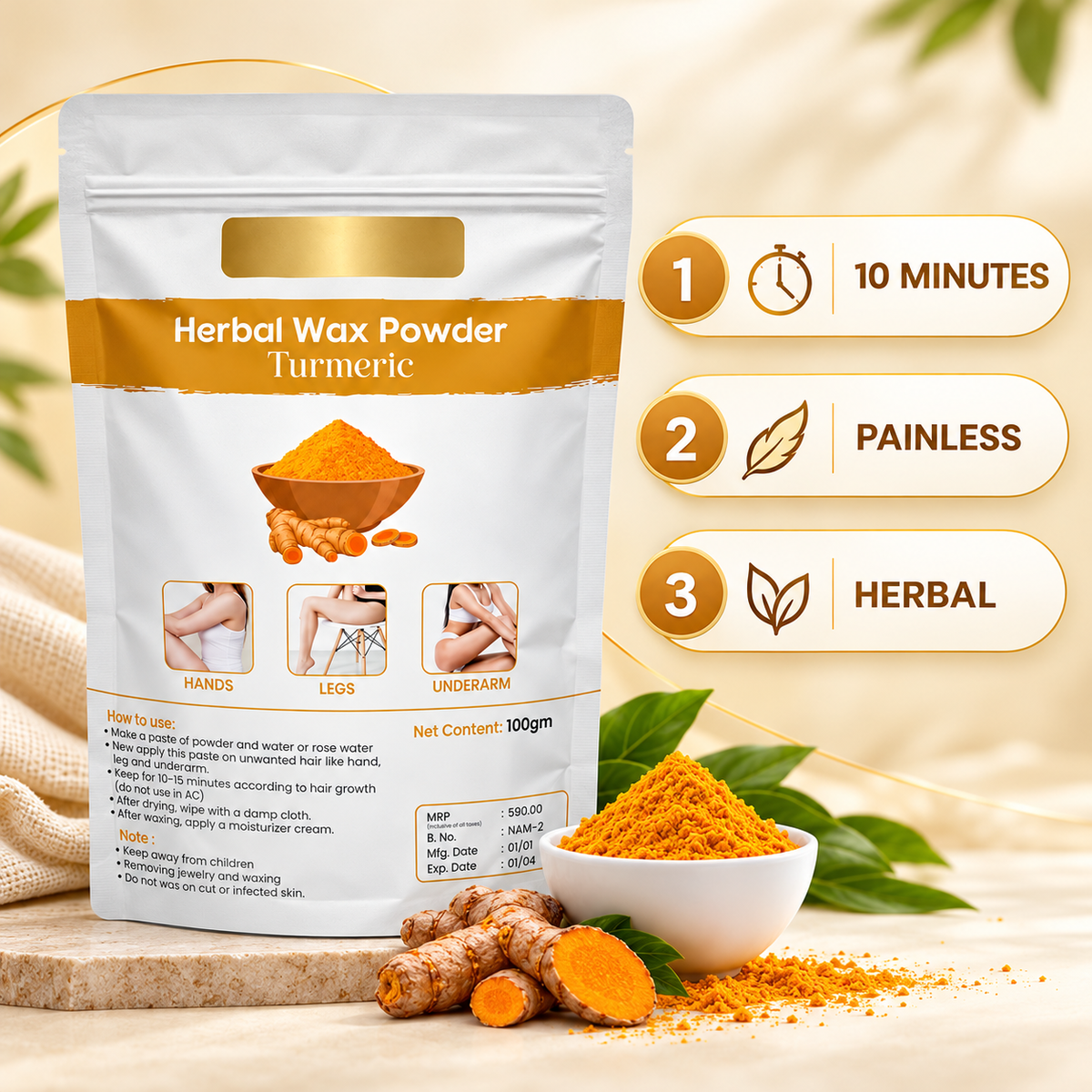 Turmeric Herbal Hair Removal Wax Powder  (Pack of 3)