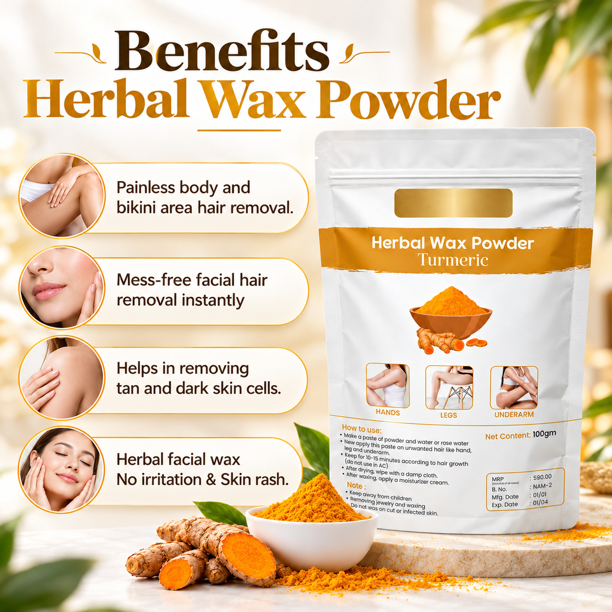 Turmeric Herbal Hair Removal Wax Powder  (Pack of 3)