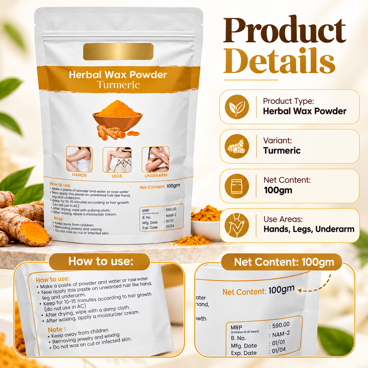 Turmeric Herbal Hair Removal Wax Powder  (Pack of 3)