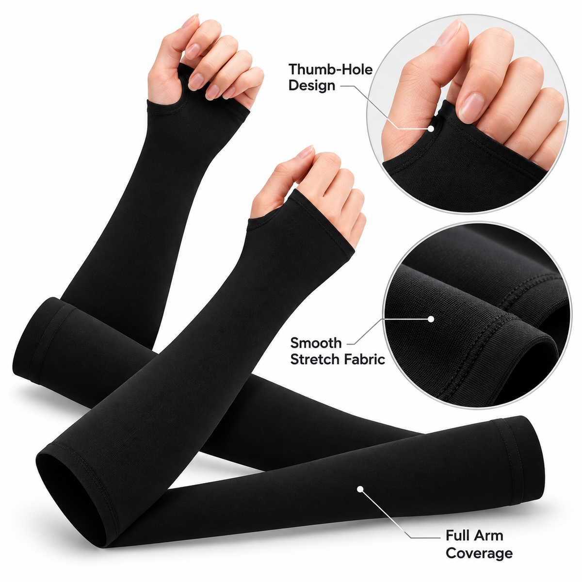 Premium UV Protection Arm Sleeves with Thumb Hole – Black